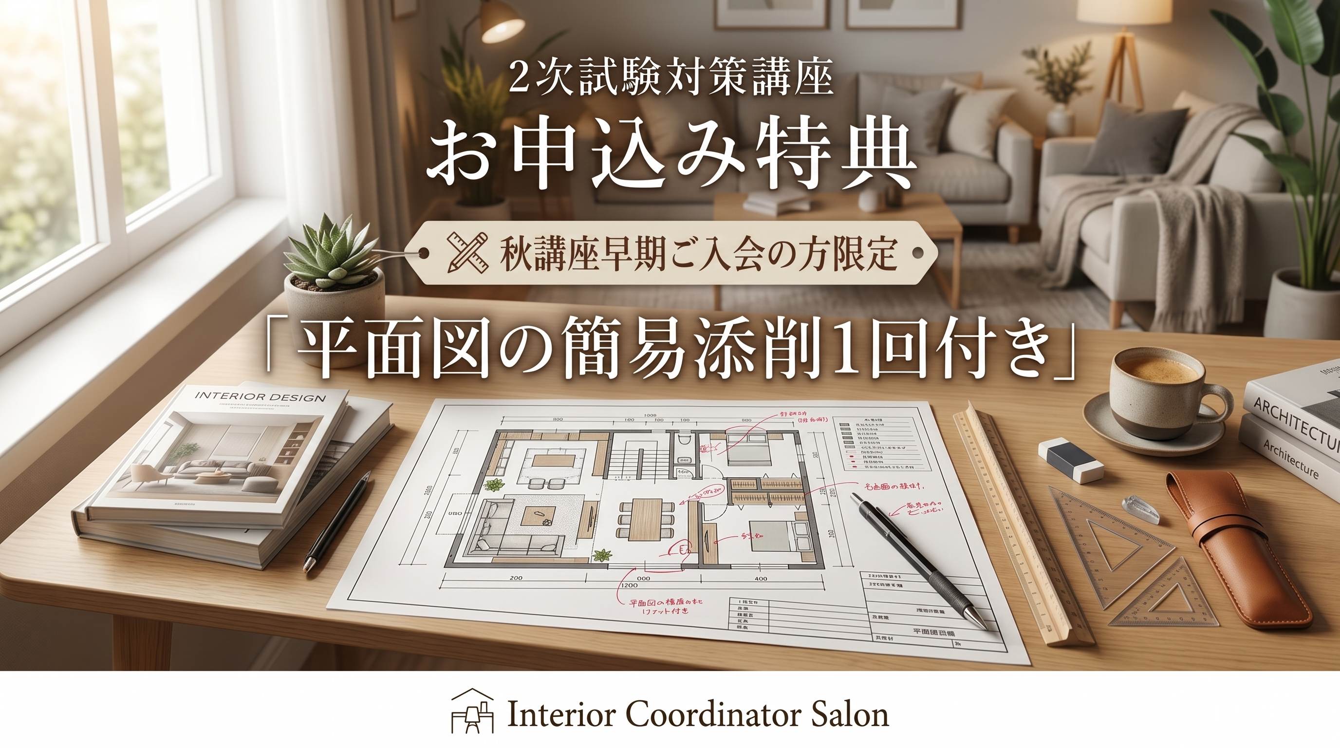 2次試験対策講座 お申込み特典 - 秋講座早期ご入会の方限定「平面図の簡易添削1回付き」